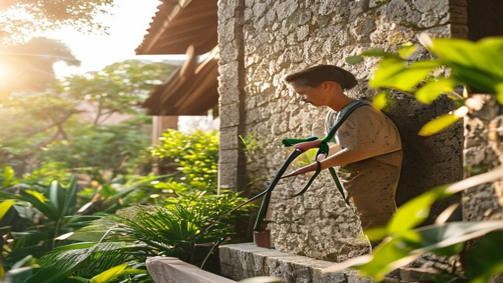 Membersihkan dinding batu alam eksterior dengan produk pembersih khusus.