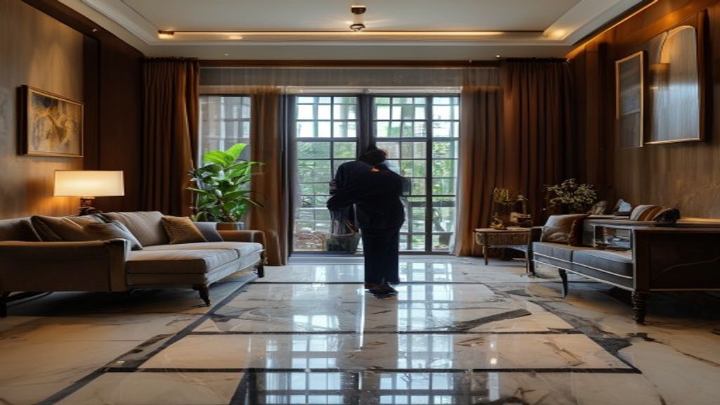 Lantai marmer menguning karena paparan sinar UV dan debu.
