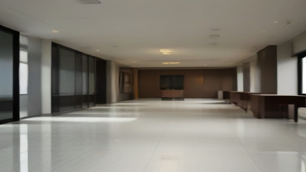 Petugas jasa poles lantai lobby apartemen sedang memoles permukaan lantai hingga mengkilap sempurna.